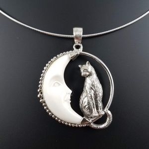 Handmade Bali Moon Face Cat Necklace .925 Silver